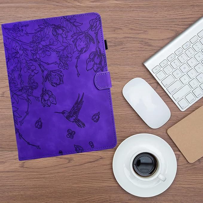 KEROM Case for Samsung Galaxy Tab A9+ Plus 11 Inch 2024 2023 (SM-X210/X216/X218), Embossed Suede Leather Folio Stand Cover with Auto Wake/Sleep & Card Slot & Pen Holder - Purple Bird Flower Embossing