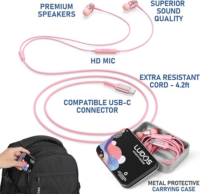 LUDOS OMNITONE USB C Headphones for iPhone 17 16 15 Pro Max Plus Air iPad Pro, 5 Years Warranty, USB-C Earbuds for Samsung Galaxy S24 S23 Ultra S22 S21 FE S20 Z Flip 3, USB Type C Earphones - Pink