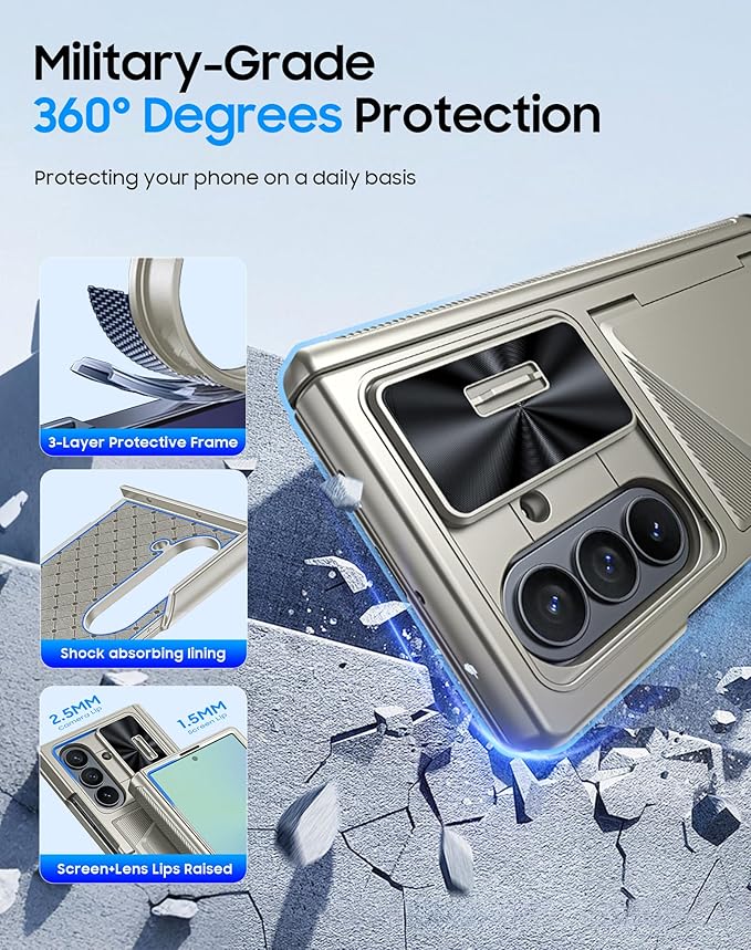 for Samsung Galaxy Z Fold 7 Case with Card Holder RFID Blocking, Built in Slide Lens Cover & Hinge Protection & Screen Protector, Shockproof Wallet Case for Z Fold 7 (Titanium Gold)