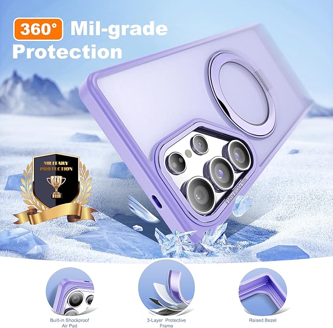 for Samsung Galaxy S25 Ultra Case with 360°Rotatable Magnetic Ring Stand Compatible with Mag-Safe Military Protection Shockproof Matte Translucent Phone Cases for S25 Ultra 6.9" Purple