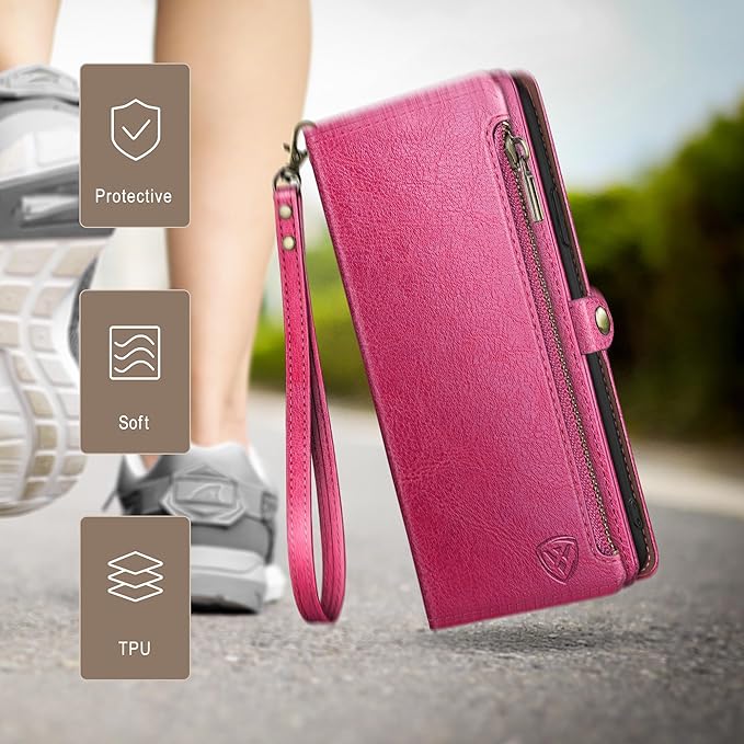 XcaseBar Compatible with iPhone 17 6.3" Wallet case with Zipper Credit Card Holder【RFID Blocking】,Flip Folio Book PU Leather Phone case Shockproof Cover Women Men for Apple 17 case Rose Red