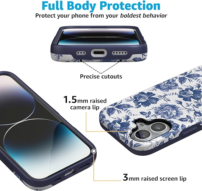Casely iPhone 17 Case | Rose to Fame | Blue & White Rose Floral | Compatible with MagSafe | Bold Protective Design