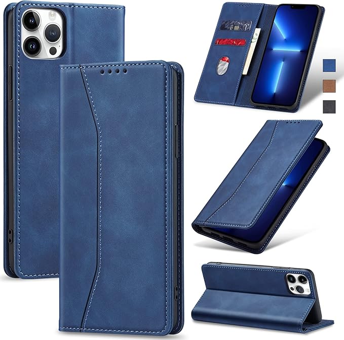 Jasonyu Flip Wallet Case for iPhone 13 Pro,Leather Magnetic Folio Cover with Card Holder,Kickstand - TPU Shockproof Durable Protective Phone Case,Blue