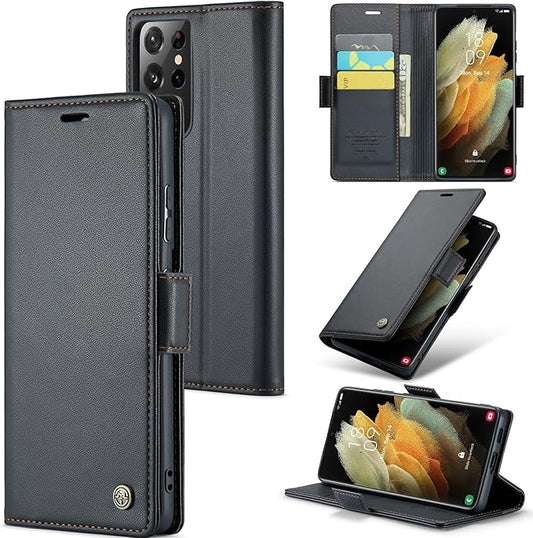 Case for Samsung Galaxy S21 Ultra Wallet Case, RFID Blocking PU Leather Flip Folio Cover Card Holder Kickstand Shockproof Phone Case Compatible with Samsung Galaxy S21 Ultra, Black