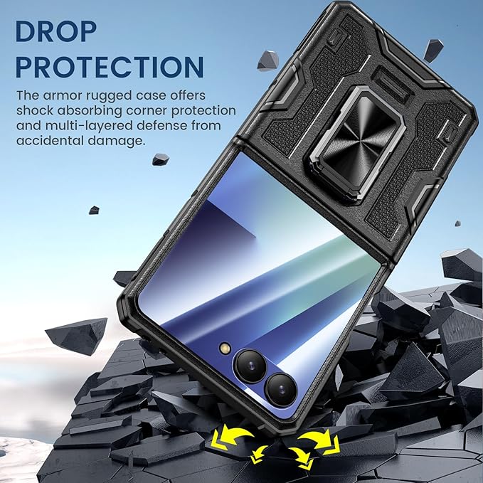 VEGO for Galaxy Z Flip 7 Case, 360° Rotatable Ring Kickstand & Belt Clip Holster & Tempered Glass Camera Screen Protector & Hinge Protection, Shockproof Case for Samsung Flip 7 5G - Black
