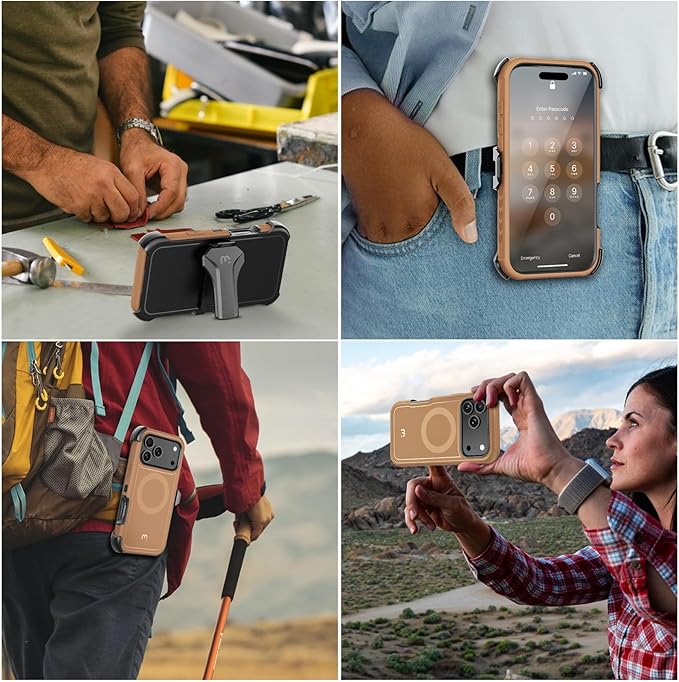 M MYBAT PRO for iPhone 17 Pro Case, Maverick Series Case with Belt Clip Holster,[Compatible with Magsafe] w/Screen Protector,Anti-Drop,Shockproof,w 360°Rotating Kickstand,Heavy Duty Protection Brown