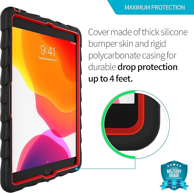 Gumdrop HideAway Case Fits Apple iPad 9th | 8th | 7th Gen (10.2-inch) Designed for K-12 Students Teachers and Classrooms– Drop Tested Rugged Shockproof Bumpers for Reliable Device Protection–Black/Red