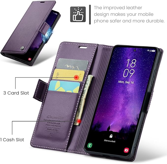AUPAI for Samsung Galaxy S25 Wallet Case with Credit Card Holder, PU Leather RFID Blocking Folio Flip Kickstand Magnetic Clasp Protective Phone case for Women Men Purple