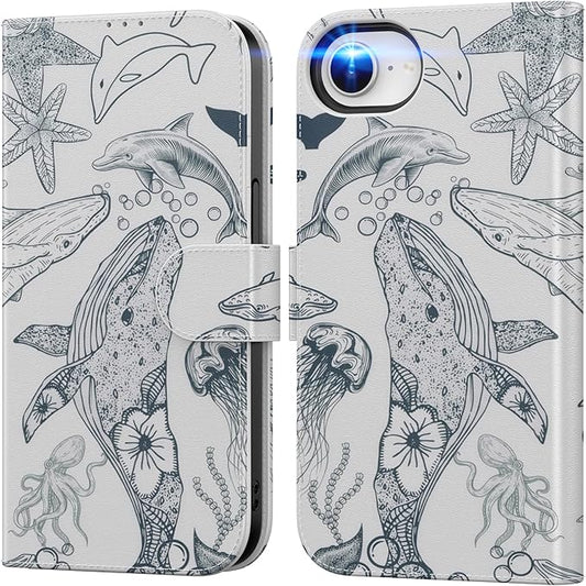 DEENAKIN for iPhone 16e Wallet Case with Card Holder + Cash Clip, RFID-Blocking, Military-Grade Drop Protection, Magnetic Closure with Leather Kickstand - Dynamic Marine Life