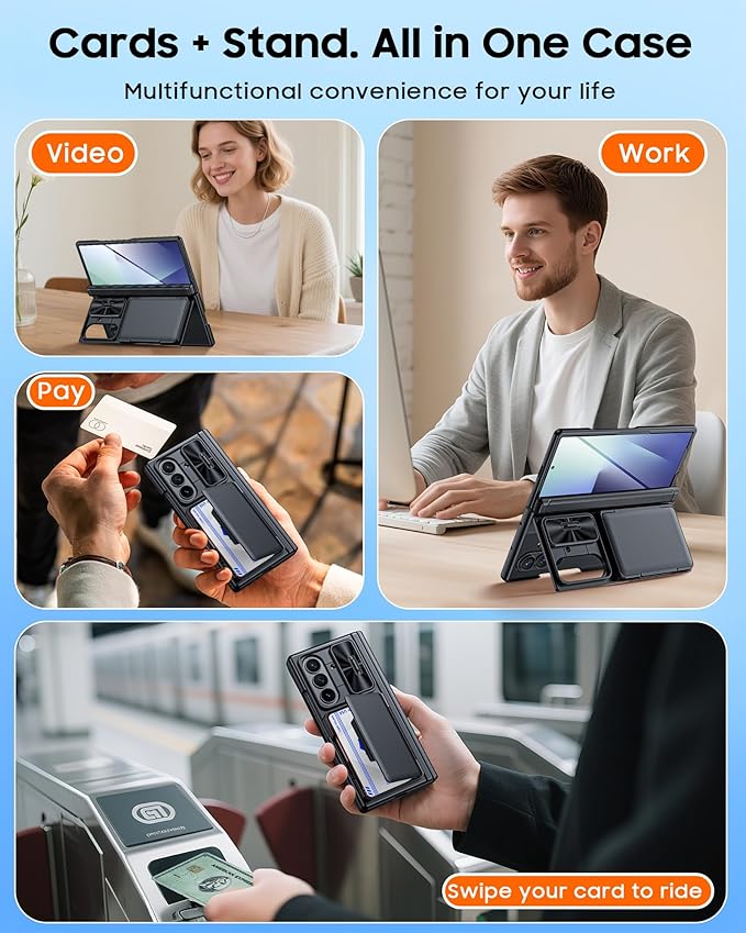 CENMASO for Samsung Galaxy Z Fold 7 Case with Card Holder [RFID Blocking] Camera Cover, Hinge Protection, Hidden Kickstand, Screen Protector, Slim Shockproof Phone Case for Galaxy Z Fold 7-Black