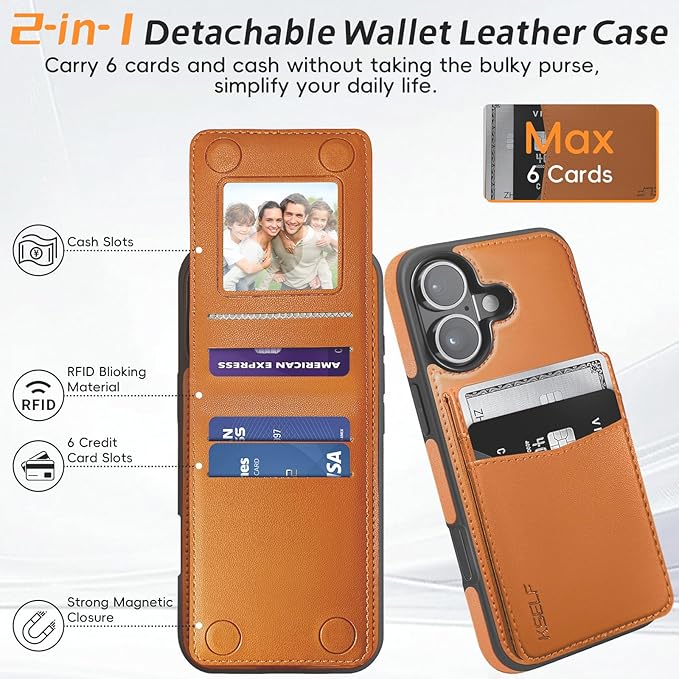 for iPhone 16 Leather Wallet Case, Compatible with Magsafe, 2 in 1 Detachable Magnetic Card Holder, RFID Blocking Kickstand Credit Slots Flip Case for Men Women, Brown