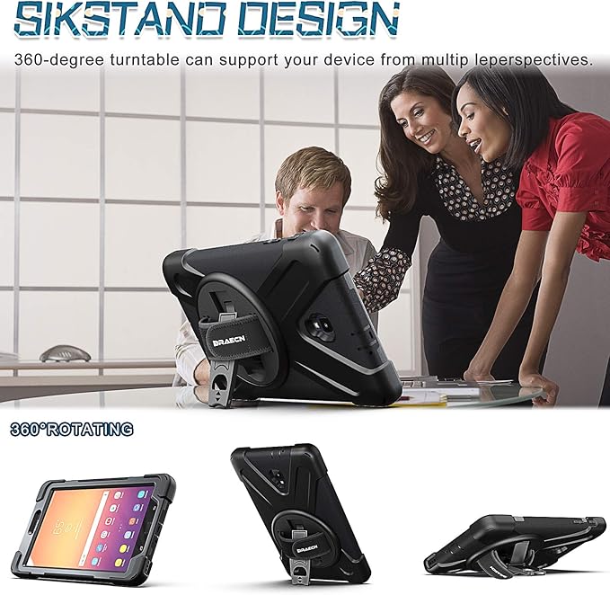 BRAECNstock for Samsung Galaxy Tab A 8.0 2017 Case, Shockproof Protective Tab A 8.0" SM-T380/T385 Case with Rotating Hand Strap & Stand, Shoulder Strap, Pencil Holder, Black