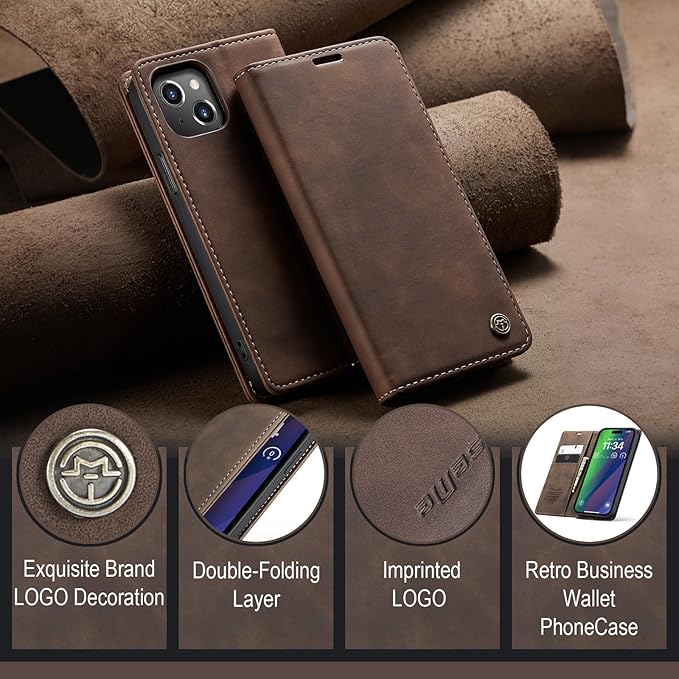 for iPhone 15 Case, Flip Wallet Leather Case with Card Holder Magnetic Closure Shockproof Kickstand Protective Phone Cases Cover for iPhone 15, Coffee