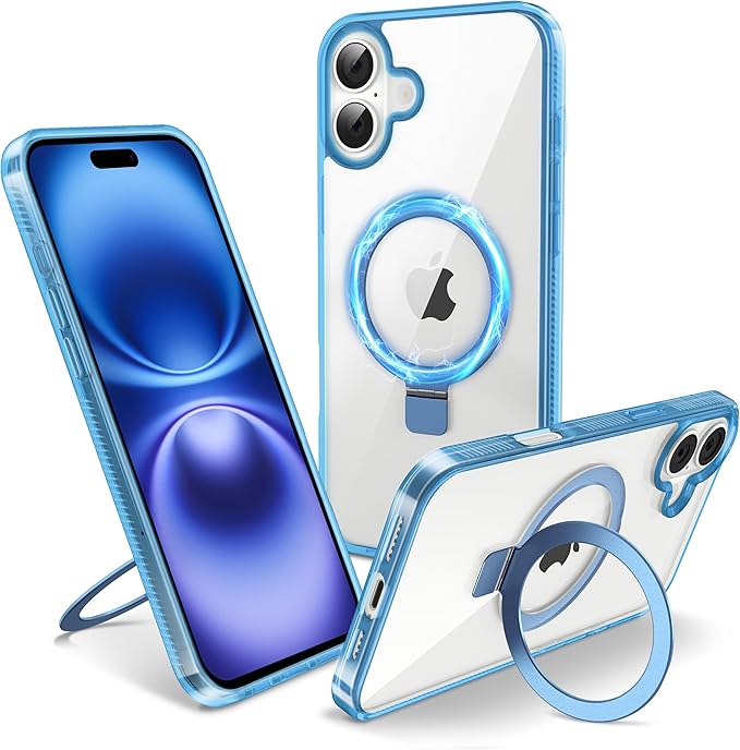 Magnetic Case for iPhone 16 Plus - [Built-in Invisible Stand] [Compatible with MagSafe] [Military Grade Drop Protection] Anti-Yellowing Hard Back Silicone Edge Cover, 6.7", Clear Blue