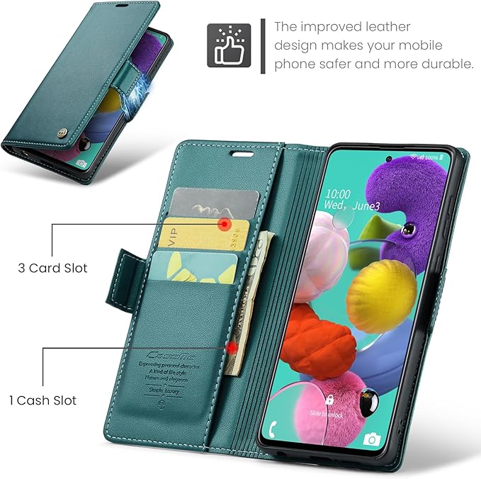 for Samsung Galaxy A51 4G Case, Premium PU Leather Wallet Case Flip Cover with [RFID Blocking][Card Holder][Stand Function] for Samsung Galaxy A51 4G (Non 5G Version), Blue-Green