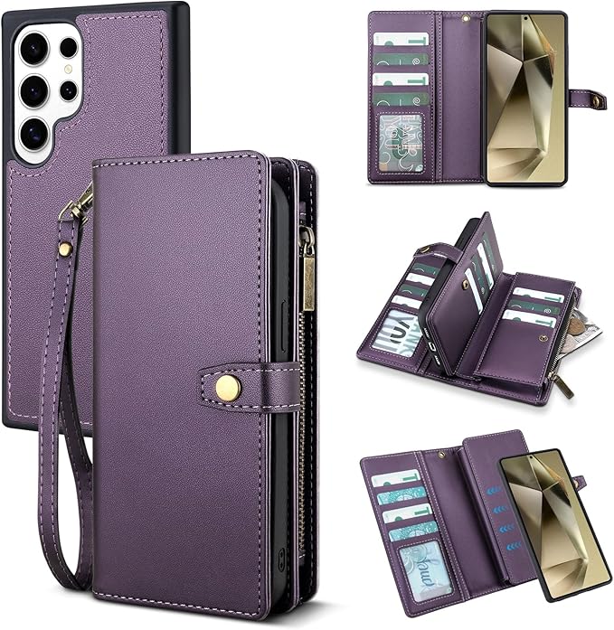 TwoHead for Samsung Galaxy S24 Ultra Wallet Case with Card Holder & Detachable Magnetic Phone Case for Galaxy S24 Ultra,PU Leather Shockproof Protective Phone Cover Wallet(6.8 in,Deep Purple)