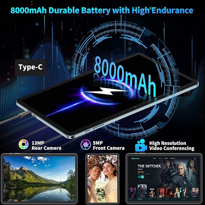 2025 Android 15 Tablet with Keyboard, 24GB+128GB+2TB Expand, 10.1 Inch Octa-Core 2-in-1 Tablets with 5G/2.4G WiFi, 8000mAh, BT5.0, GMS Certified, with Mouse, Case, Stylus, Split Screen(Black case)