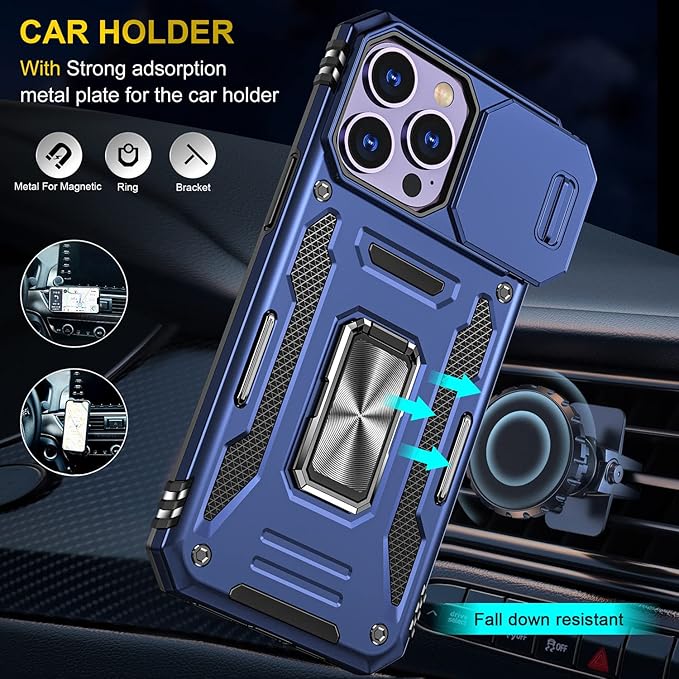 Case for iPhone 14 Pro Phone Case with Camera Lens Cover, with Ring Holder Kickstand, fit Magnetic Car Mount, for iPhone 14 Pro (Navy Blue)