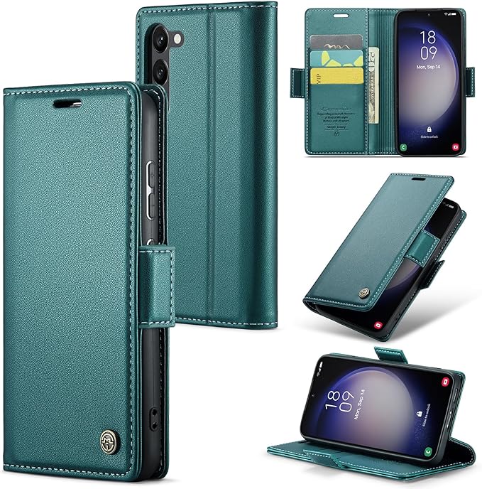 Case for Samsung Galaxy S23 Wallet Case, RFID Blocking PU Leather Flip Folio Cover Card Holder Kickstand Shockproof Phone Case Compatible with Samsung Galaxy S23, Blue Green