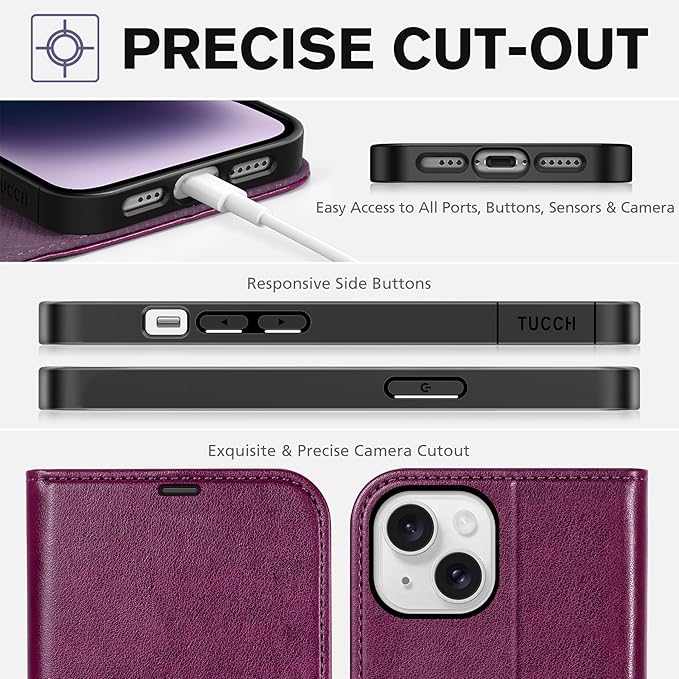 TUCCH Wallet Case for iPhone 14 6.1-inch 5G, [TPU Shockproof Inner Shell] PU Leather [RFID Blocking] 4 Credit Card Holder Magnetic Kickstand Flip Cover Compatible with iPhone 14 (6.1"), Plum Purple