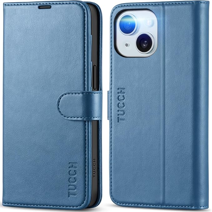 TUCCH Wallet Case for iPhone 15 6.1", Magnetic PU Leather Kickstand Flip Cover with 4 Card Slot Shockproof TPU Interior Shell, [RFID Blocking] Folio Case Compatible with iPhone 15 5G 2023, Light Blue