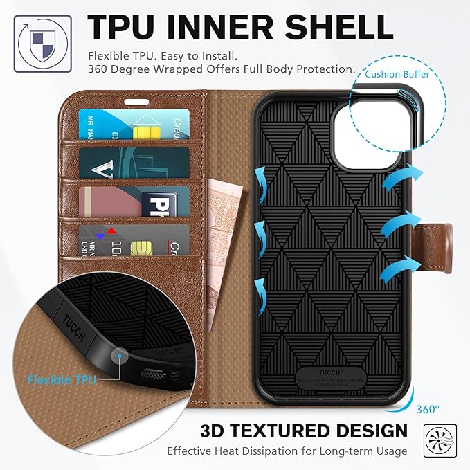 TUCCH Wallet Case for iPhone 14 6.1", Flip PU Leather Magnetic Protective Cover with [RFID Blocking] [4 Card Slots] Stand [TPU Interior Case] Compatible with iPhone 14 6.1, Brown