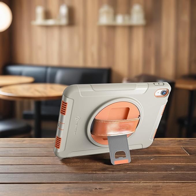 Original Rugged iPad Case for iPad 11 (A16) 11-inch (2025) & iPad 10th Gen 10.9-inch (2022) | 360° Rotating Kickstand, Genuine Leather Hand Strap, Built-in Screen Protector (Orange Grey)