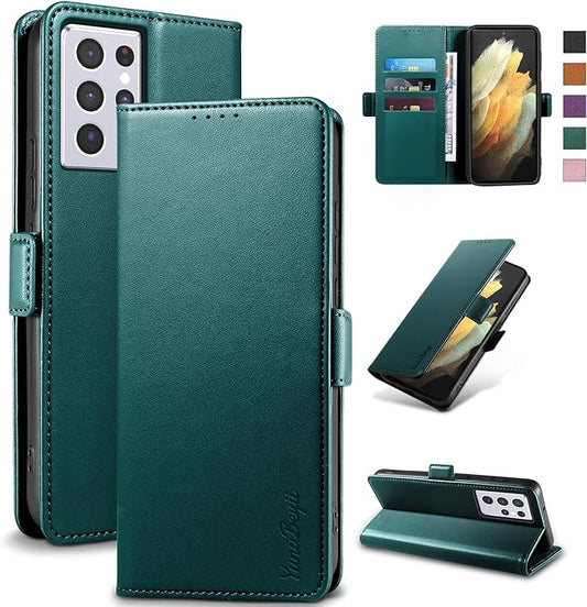 Wallet Flip Case for Samsung Galaxy S21 Ultra 5G - [RFID Blocking] Luxury PU Leather Card Holder Magnetic Phone Cover with Kickstand,Shockproof Protective Case,Green
