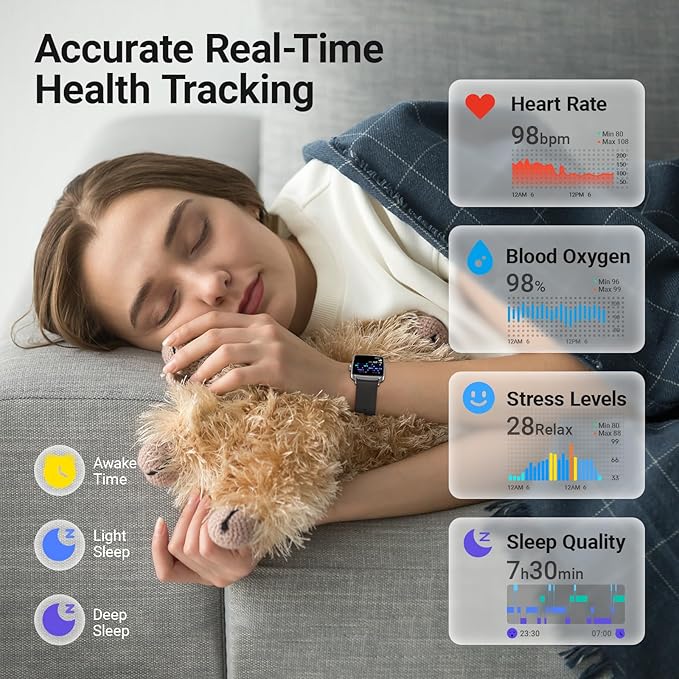 Fitpolo Smart Watch for Men Women, Stainless Steel Bezel Fitness Tracker (Make/Answer Calls), IP68 Waterproof, Heart Rate SpO2 Monitor, Sleep & Activity Tracking Smartwatch for Android Phones iPhone