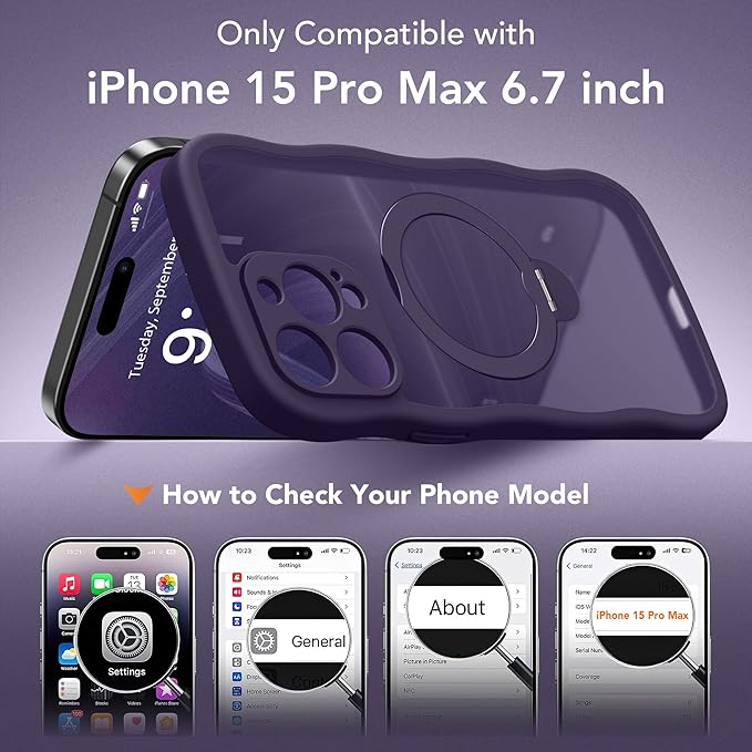 GolbinBox for iPhone 15 Pro Max Case,[Compatible with Magsafe][360°Magnetic Stand][Cute Wave Edge][18ft Military-Grade Protection] Translucent Matte Women Phone Cover for iPhone 15 Promax,Dark Purple