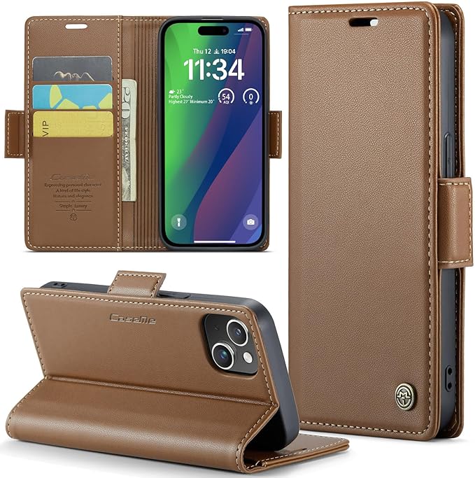 for iPhone 15 Plus Case, Premium PU Leather Wallet Case Flip Cover with [RFID Blocking][Card Holder][Stand Function] Shockproof Protective for iPhone 15 Plus, Brown