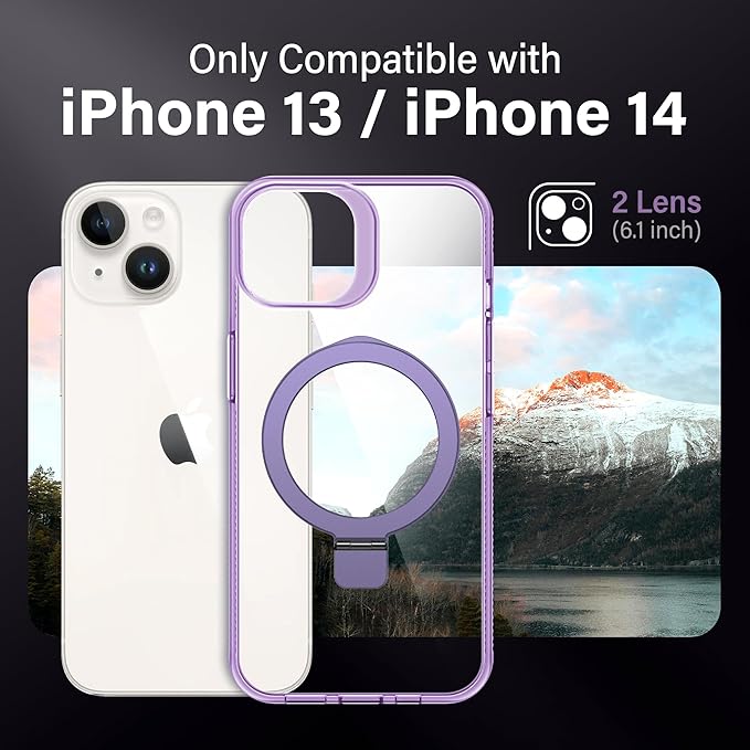 Magnetic Case for iPhone 13/14 - [Built-in Invisible Stand] [Compatible with MagSafe] [Military Grade Drop Protection] Anti-Yellowing Hard Back Silicone Edge Cover, 6.1", Clear Purple
