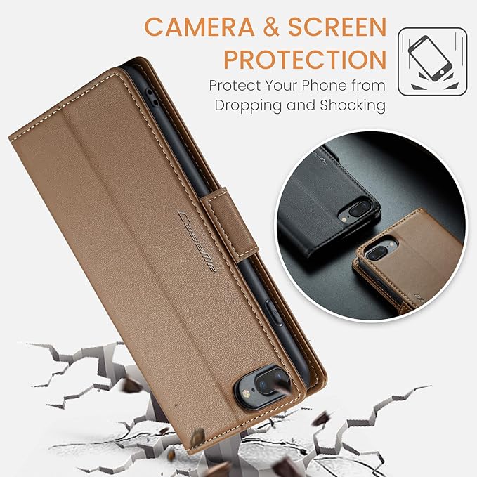 for iPhone 8 Plus & 7 Plus Case, Premium PU Leather Wallet Case Flip Cover with [RFID Blocking][Card Holder][Stand Function] Shockproof Protective for iPhone 8 Plus & 7 Plus, Brown