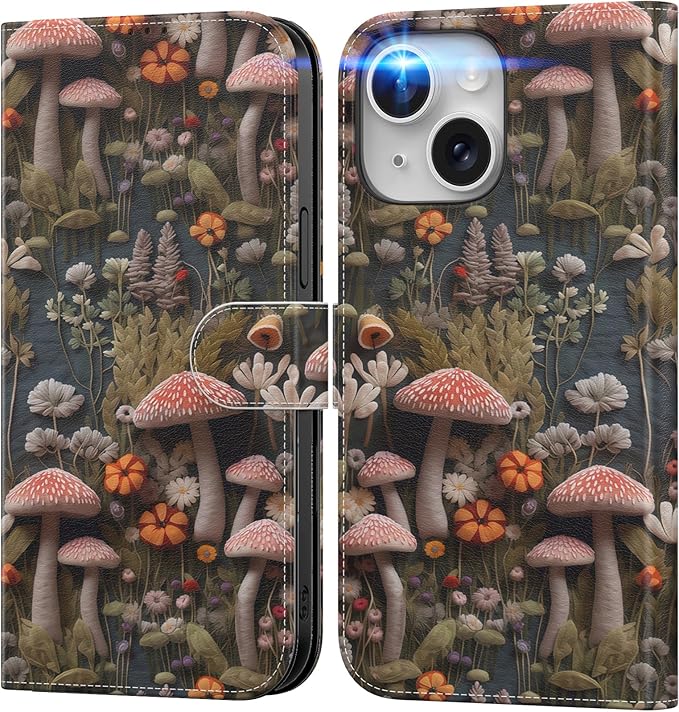 DEENAKIN for iPhone 15 Plus Wallet Case with Card Holder + Cash Clip, RFID-Blocking, Military-Grade Drop Protection, Magnetic Closure with Leather Kickstand - Mushroom Floral