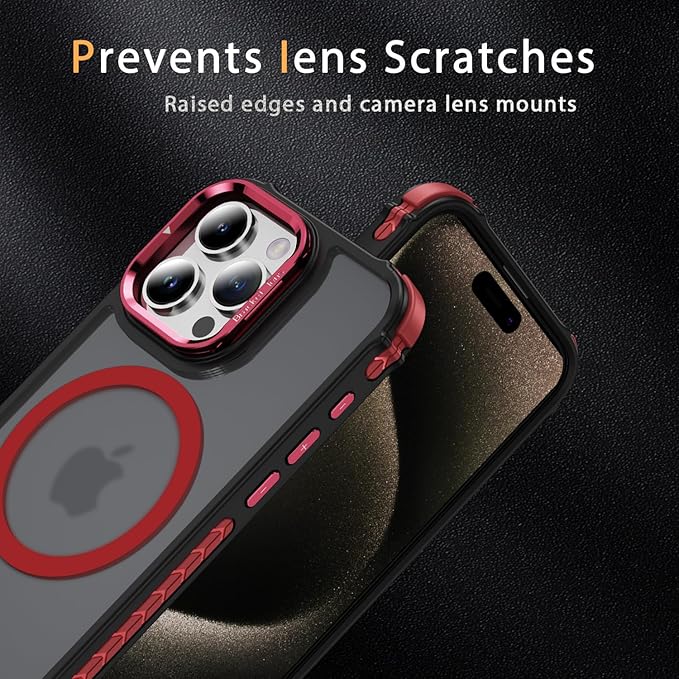 Magnetic for iPhone 15 Pro Case Red with MagSafe Wireless Charging Heavy Duty Military-Grade Shockproof Protection Adjustable Kickstand Slim Matte Anti-Fingerprint Cover Men Women