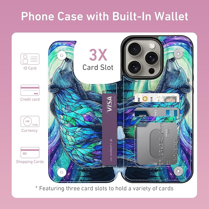 FUNMIKO for iPhone 14 Pro Wallet Case with Card Holder, RFID-Blocking, Military-Grade Protection & UV-Printed Artwork, Magnetic Closure with Leather Kickstand - Prismatic Aurora Bear