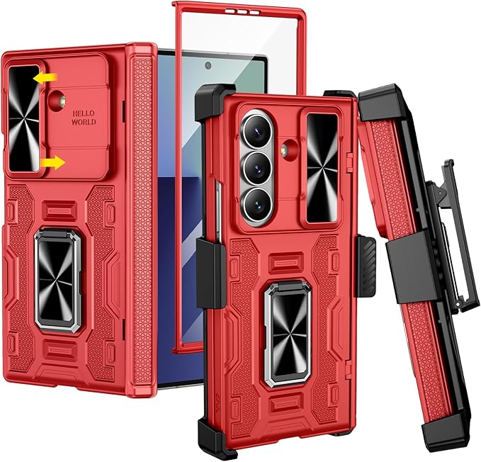 VEGO for Samsung Galaxy Z Fold 7 Case with Belt Clip Holster, [360°Ring Kickstand] [Camera Cover] [Front Screen Protector] [Hinge Protection] Shockproof Armor Cover for Galaxy Z Fold7 - Red