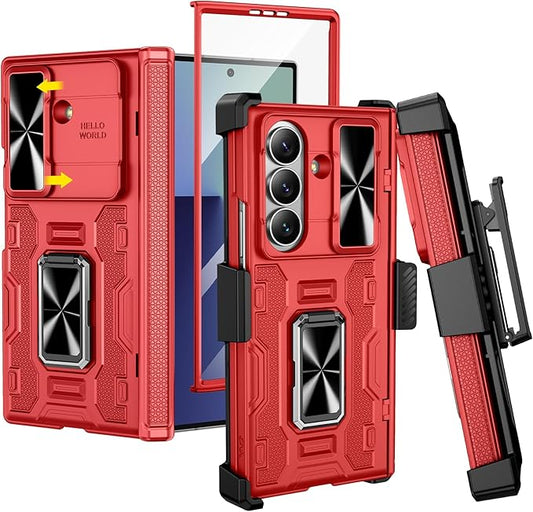 VEGO for Samsung Galaxy Z Fold 7 Case with Belt Clip Holster, [360°Ring Kickstand] [Camera Cover] [Front Screen Protector] [Hinge Protection] Shockproof Armor Cover for Galaxy Z Fold7 - Red
