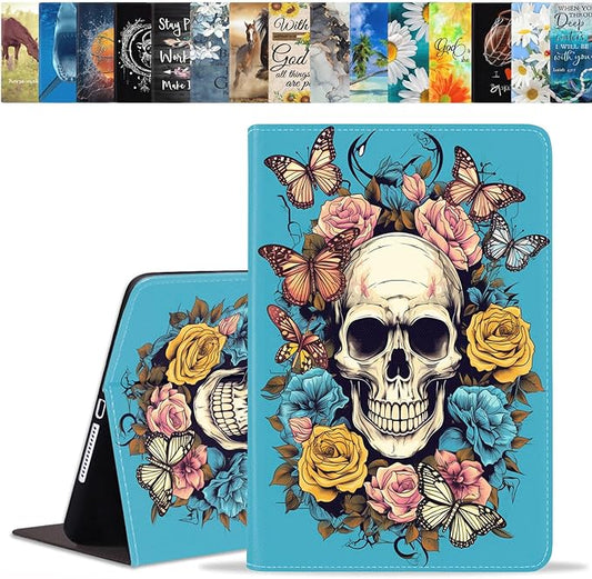 Case for Samsung Galaxy Tab S10 Lite / S10 FE / S9 FE 10.9-Inch / S9 11-Inch, Slim Lightweight PU Leather Stand Cover with Auto Wake/Sleep, Skull Flower Butterfly