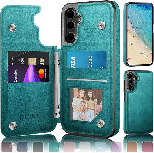 DJDUCK Designed for Samsung Galaxy S25 Case Wallet with Card Holder, [Magnetic Clasp Cover] [RFID Blocking Leather Protection] Shockproof Women Men Cases for Samsung S25 Blue Green