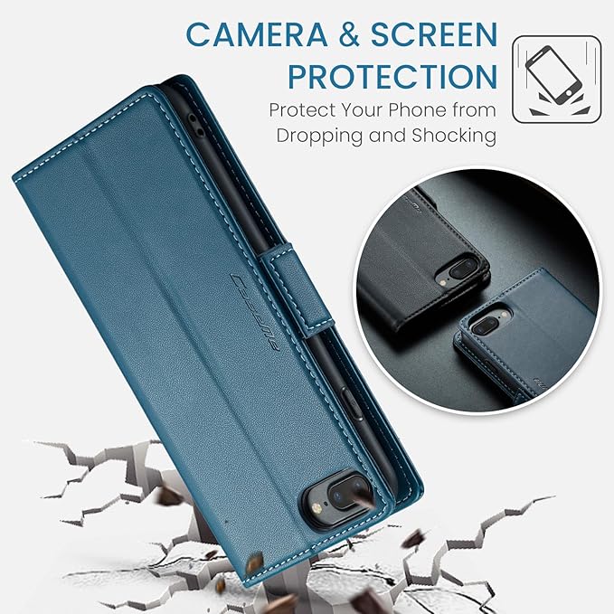 for iPhone 8 Plus & 7 Plus Case, Premium PU Leather Wallet Case Flip Cover with [RFID Blocking][Card Holder][Stand Function] Shockproof Protective for iPhone 8 Plus & 7 Plus, Blue