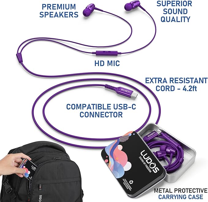 LUDOS OMNITONE USB C Headphones for iPhone 16 15 Pro Max Plus iPad Pro, 5 Years Warranty, USB-C Earbuds for Samsung Galaxy S24 S23 S22 S21 S20 A55 A54 A53, USB Type C Earphones - Purple
