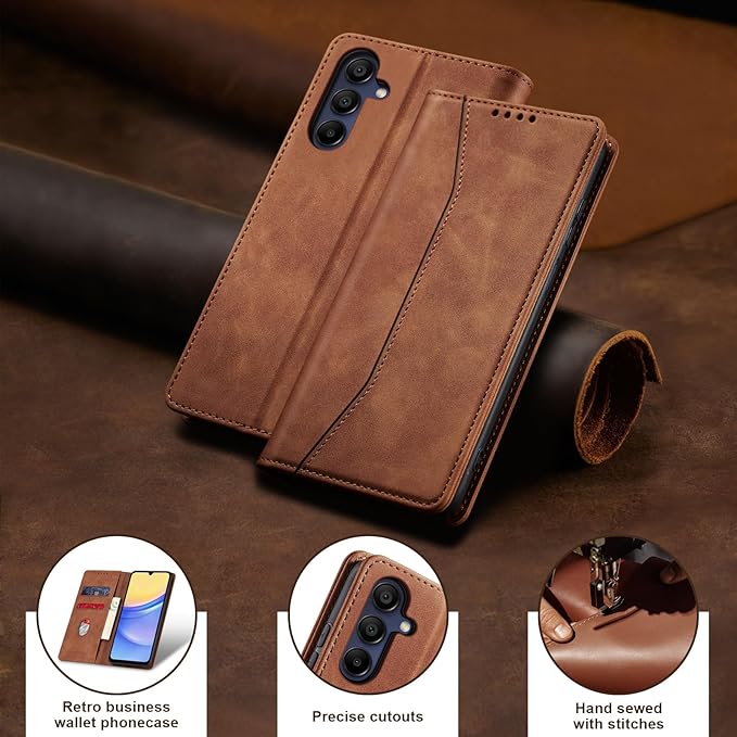 Jasonyu Flip Wallet Case for Samsung Galaxy A15 5G,Leather Magnetic Folio Cover with Card Holder,Kickstand - TPU Shockproof Durable Protective Phone Case,Brown