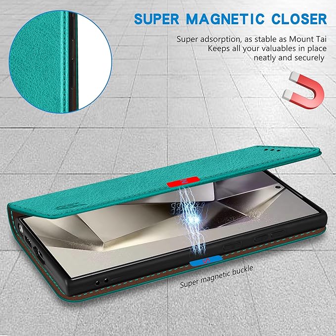 ZZXX for Samsung Galaxy S25 Ultra Wallet Case with [RFID Blocking] Card Slot Stand Strong Magnetic Leather Flip Fold Protective Phone Case for Samsung Galaxy S25 Ultra Case Wallet(Lake Blue-6.8 inch)