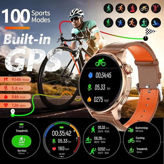 Smart Watches for Men/Women,1.46" Fitness Tracker (Make Calls/Text),GPS and Offline Maps Navigation,5 Satellite Systems,Health,Compass/Altitude/Barometer,100+Sports Mode for Android iOS with 2 Straps