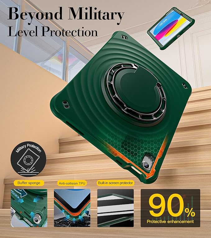 BRAECN Ripple Case for iPad (A16)11th/10th Generation 11/10.9 inch 2025/2022 Zinc Alloy Handle Ring Stand Protective Heavy Duty Screen Protector 360°Rotating 180°Folding Shoulder Strap Full-Body Cover