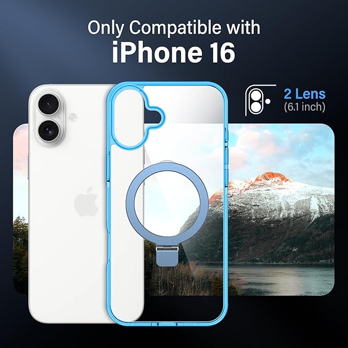 Magnetic Case for iPhone 16 - [Built-in Invisible Stand] [Compatible with MagSafe] [Military Grade Drop Protection] Anti-Yellowing Hard Back Silicone Edge Cover, 6.1", Clear Blue