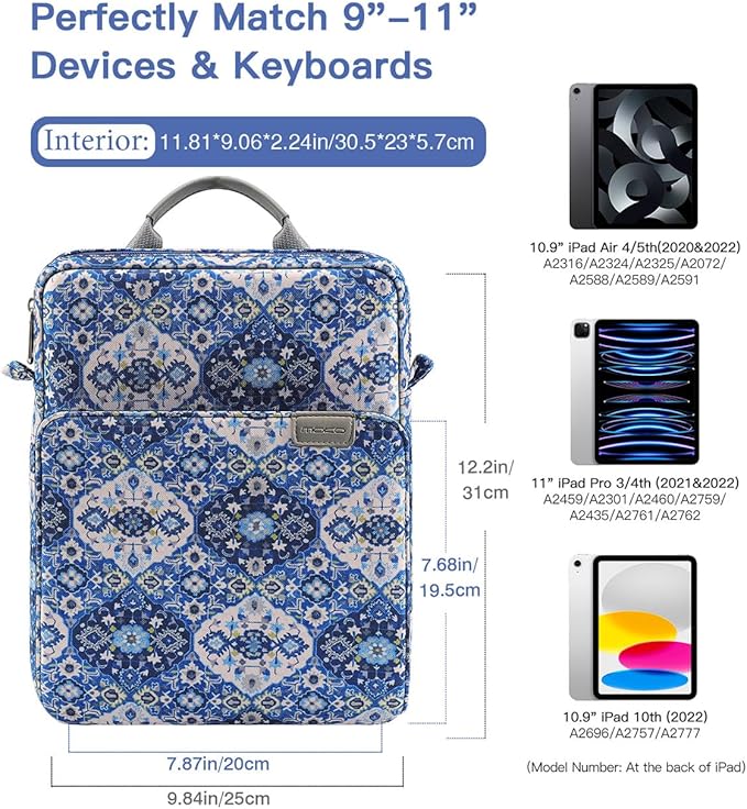 MoKo 9-11 Inch Tablet Sleeve Bag Handle Carrying Case with Shoulder Strap Fits 11inch iPad Air M3, iPad A16 2025, iPadPro 11", iPad109/8/7th Gen 10.2, Air 5/4th 10.9, Tab S8/S9 11", Blue Bohemia
