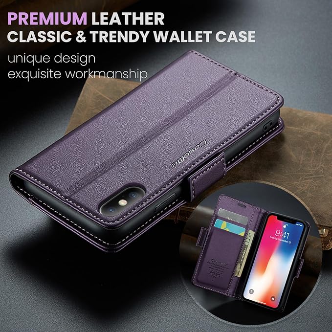 for iPhone X Case/iPhone Xs Case, Premium PU Leather Wallet Case Flip Cover with [RFID Blocking][Card Holder][Stand Function] Shockproof Protective for iPhone X/XS, Purple