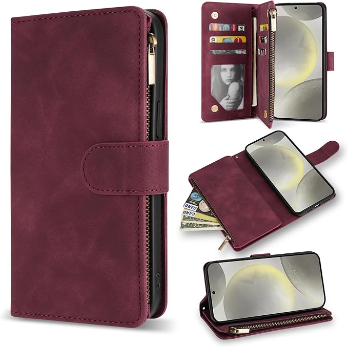 ZZXX for Samsung Galaxy S24 Wallet Case with RFID Blocking Card Slot PU Leather Zipper Flip Folio with Strap Kickstand Protective Cover for Samsung Galaxy S24 Case Wallet(Wine Red-6.2 inch)